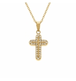 COLLIER ACIER DORÉ PENDENTIF CROIX 15 X 10MM OXYDES BLANCS SERTIS 42+5CM