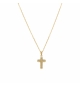 COLLIER ACIER DORÉ PENDENTIF CROIX 15 X 10MM OXYDES BLANCS SERTIS 42+5CM