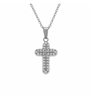 COLLIER ACIER PENDENTIF CROIX 15 X 10MM OXYDES BLANCS SERTIS 42+5CM