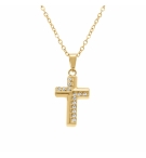 COLLIER ACIER DORÉ PENDENTIF 15 X 10MM CROIX OXYDES BLANCS SERTIS 42+5CM 