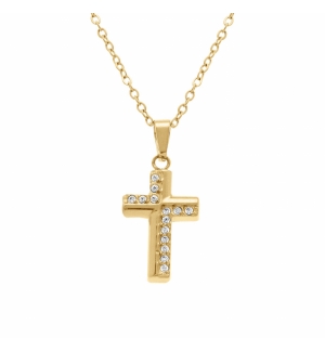 COLLIER ACIER DORÉ PENDENTIF 15 X 10MM CROIX OXYDES BLANCS SERTIS 42+5CM 