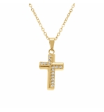 COLLIER ACIER DORÉ PENDENTIF 15 X 10MM CROIX OXYDES BLANCS SERTIS 42+5CM 