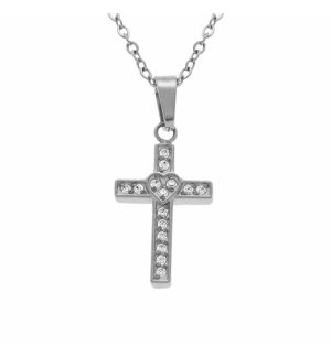 COLLIER ACIER PENDENTIF CROIX DROITE 15 X 10MM AVEC COEUR OXYDES BLANCS SERTIS 