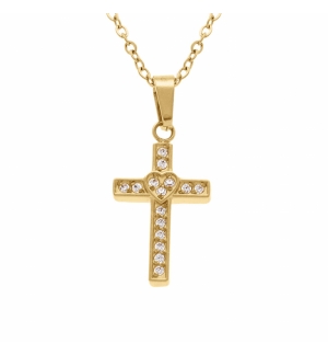 COLLIER ACIER DORÉ PENDENTIF CROIX DROITE 15 X 10MM AVEC COEUR OXYDES BLANCS