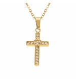 COLLIER ACIER DORÉ PENDENTIF CROIX DROITE 15 X 10MM AVEC COEUR OXYDES BLANCS