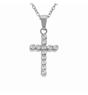 COLLIER ACIER PENDENTIF CROIX 15 X 10MM OXYDES BLANCS SERTIS CLOS 42+5CM 