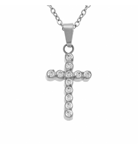 COLLIER ACIER PENDENTIF CROIX 15 X 10MM OXYDES BLANCS SERTIS CLOS 42+5CM 