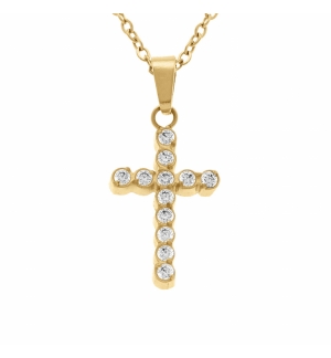 COLLIER ACIER DORÉ PENDENTIF CROIX 15 X 10MM OXYDES BLANCS SERTIS CLOS 42+5CM