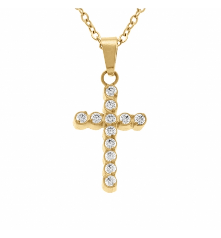 COLLIER ACIER DORÉ PENDENTIF CROIX 15 X 10MM OXYDES BLANCS SERTIS CLOS 42+5CM