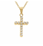 COLLIER ACIER DORÉ PENDENTIF CROIX 15 X 10MM OXYDES BLANCS SERTIS CLOS 42+5CM
