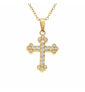COLLIER ACIER DORÉ PENDENTIF CROIX STYLISÉ 15 X 12MM OXYDES BLANCS SERTIS 42+5CM