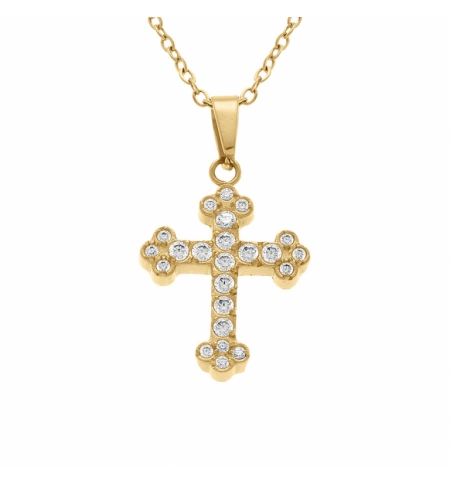 COLLIER ACIER DORÉ PENDENTIF CROIX STYLISÉ 15 X 12MM OXYDES BLANCS SERTIS 42+5CM