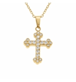 COLLIER ACIER DORÉ PENDENTIF CROIX STYLISÉ 15 X 12MM OXYDES BLANCS SERTIS 42+5CM