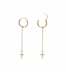 CRÉOLES ARGENT DORÉ 15MM CHAINETTE ET CROIX OXYDES BLANCS