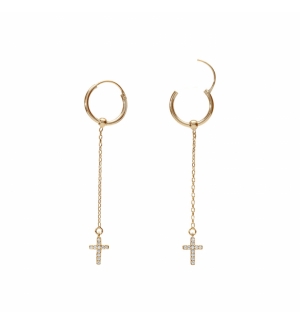 CRÉOLES ARGENT DORÉ 15MM CHAINETTE ET CROIX OXYDES BLANCS
