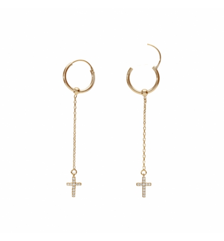 CRÉOLES ARGENT DORÉ 15MM CHAINETTE ET CROIX OXYDES BLANCS