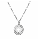 COLLIER ARGENT RHODIÉ PENDENTIF OVALE CROIX CONTOUR OXYDES BLANCS SERTIS 40+5CM