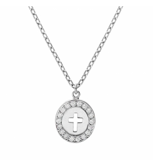 COLLIER ARGENT RHODIÉ PENDENTIF OVALE CROIX CONTOUR OXYDES BLANCS SERTIS 40+5CM