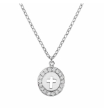 COLLIER ARGENT RHODIÉ PENDENTIF OVALE CROIX CONTOUR OXYDES BLANCS SERTIS 40+5CM