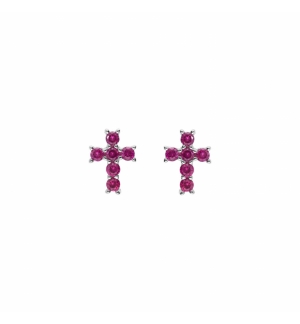 BOUCLES D'OREILLES TIGE ARGENT RHODIÉ PENDENTIF CROIX OXYDES FUSHIA