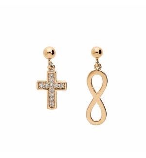 BOUCLES D'OREILLES TIGE PLAQUÉ OR 1 INFINI ET 1 CROIX OXYDES BLANCS SERTIS 
