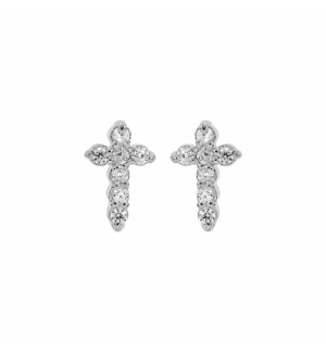 BOUCLES D'OREILLES TIGE ARGENT RHODIÉ PUCES CROIX OXYDES BLANCS SERTIS