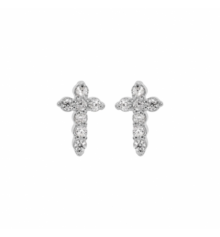 BOUCLES D'OREILLES TIGE ARGENT RHODIÉ PUCES CROIX OXYDES BLANCS SERTIS