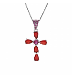 COLLIER ARGENT RHODIÉ PENDENTIF CROIX OXYDES ROUGES 38+5CM