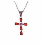 COLLIER ARGENT RHODIÉ PENDENTIF CROIX OXYDES ROUGES 38+5CM
