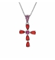COLLIER ARGENT RHODIÉ PENDENTIF CROIX OXYDES ROUGES 38+5CM