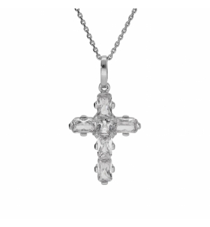 COLLIER ARGENT RHODIÉ PENDENTIF CROIX OXYDES BLANCS 38+5CM