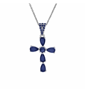 COLLIER ARGENT RHODIÉ PENDENTIF CROIX OXYDES BLEU FONCÉ 38+5CM