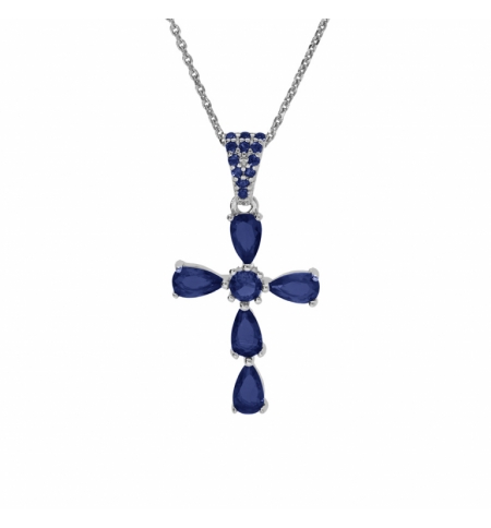 COLLIER ARGENT RHODIÉ PENDENTIF CROIX OXYDES BLEU FONCÉ 38+5CM