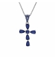 COLLIER ARGENT RHODIÉ PENDENTIF CROIX OXYDES BLEU FONCÉ 38+5CM