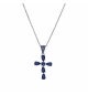 COLLIER ARGENT RHODIÉ PENDENTIF CROIX OXYDES BLEU FONCÉ 38+5CM