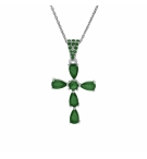 COLLIER ARGENT RHODIÉ PENDENTIF CROIX OXYDES VERT 38+5CM