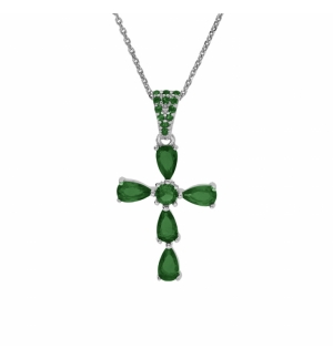 COLLIER ARGENT RHODIÉ PENDENTIF CROIX OXYDES VERT 38+5CM