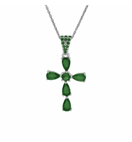 COLLIER ARGENT RHODIÉ PENDENTIF CROIX OXYDES VERT 38+5CM