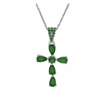 COLLIER ARGENT RHODIÉ PENDENTIF CROIX OXYDES VERT 38+5CM