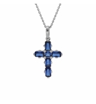 COLLIER ARGENT RHODIÉ PENDENTIF CROIX OXYDES BLEUS 38+5CM