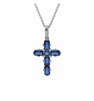 COLLIER ARGENT RHODIÉ PENDENTIF CROIX OXYDES BLEUS 38+5CM