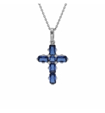 COLLIER ARGENT RHODIÉ PENDENTIF CROIX OXYDES BLEUS 38+5CM