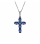 COLLIER ARGENT RHODIÉ PENDENTIF CROIX OXYDES BLEUS 38+5CM