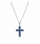 COLLIER ARGENT RHODIÉ PENDENTIF CROIX OXYDES BLEUS 38+5CM