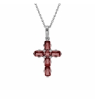 COLLIER ARGENT RHODIÉ PENDENTIF CROIX OXYDES ROUGES 38+5CM