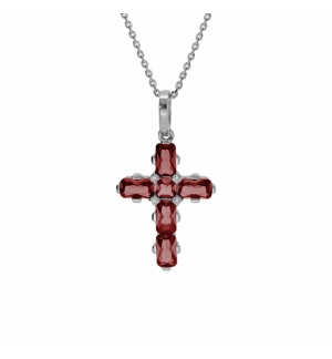 COLLIER ARGENT RHODIÉ PENDENTIF CROIX OXYDES ROUGES 38+5CM