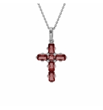 COLLIER ARGENT RHODIÉ PENDENTIF CROIX OXYDES ROUGES 38+5CM