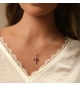 COLLIER ARGENT RHODIÉ PENDENTIF CROIX OXYDES ROUGES 38+5CM