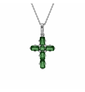 COLLIER ARGENT RHODIÉ PENDENTIF CROIX OXYDES VERTS 38+5CM 