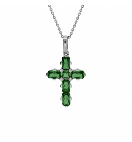 COLLIER ARGENT RHODIÉ PENDENTIF CROIX OXYDES VERTS 38+5CM 